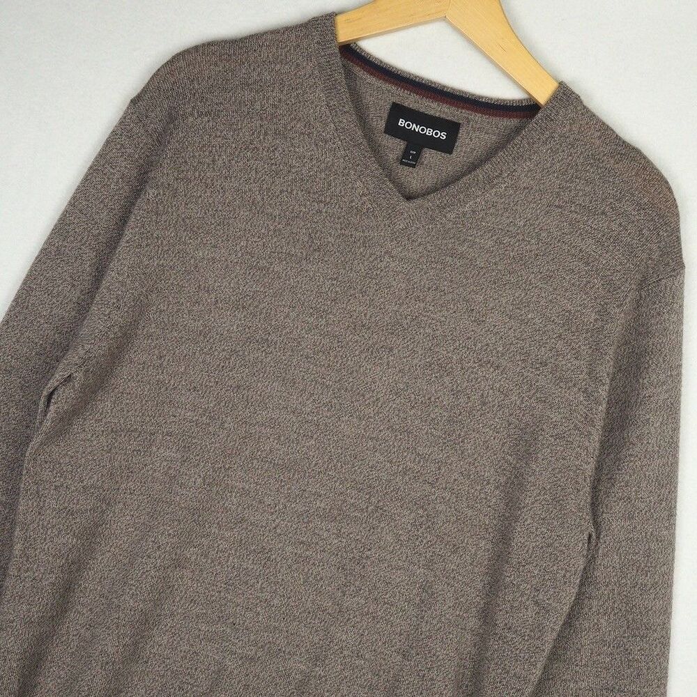 Bonobos Washable Fine Merino Wool V-Neck Sweater Jumper Mens L Heathered Brown